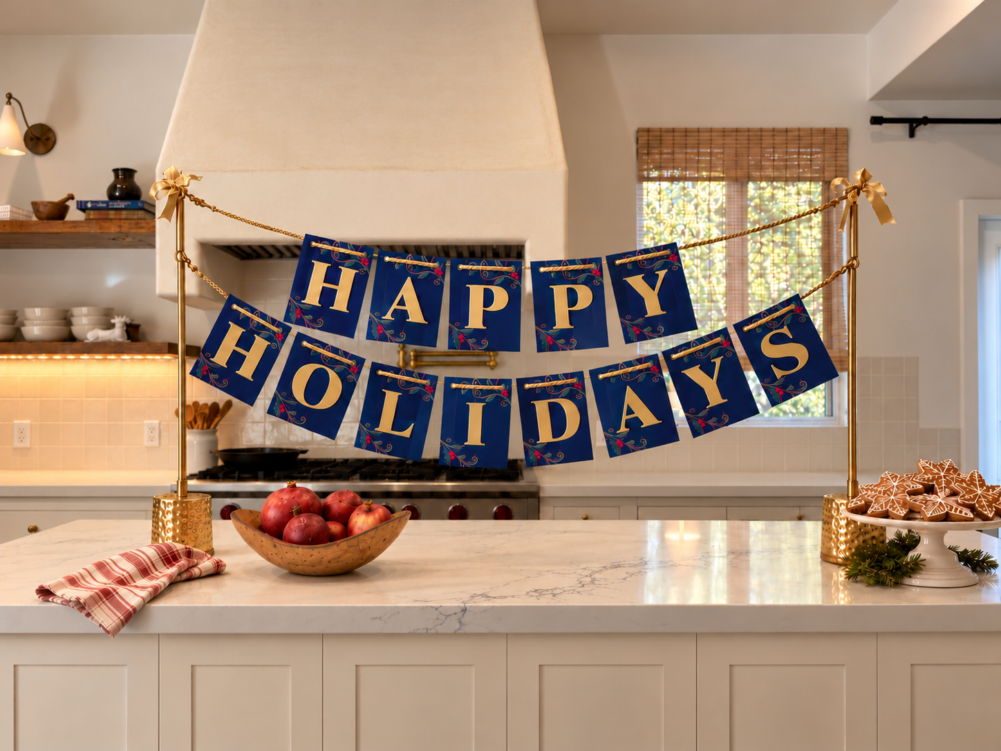The same stand with the Happy Holidays banner clipped on instead